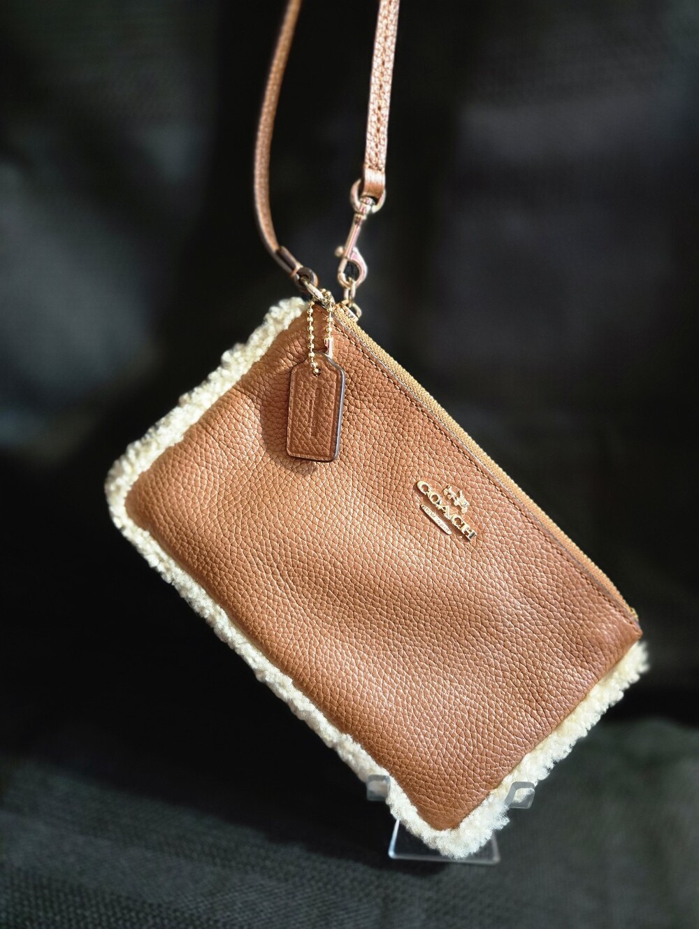 Coach Pebbled Leather Wristlet in Chestnut with Cream Shearling Trim
